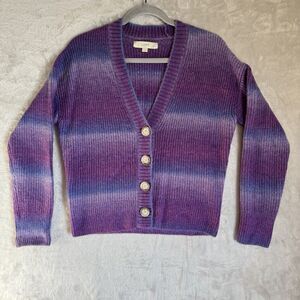 Loft Womens Medium Petite Spacedye Ribbed V-Neck Cardigan Purple Wool Blend